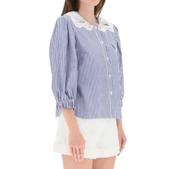 Self-Portrait Blue & White Embroidered Stripe Lace Inset Top - Picture 2 of 4